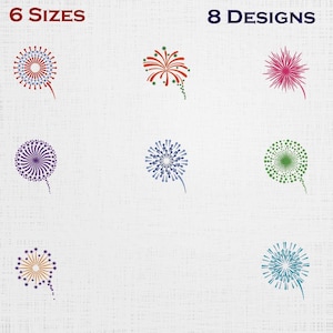 May include: The image displays eight firework designs in a range of colours, including red, blue, green, and purple. Text at the top reads "6 SIZES" and "8 DESIGNS".