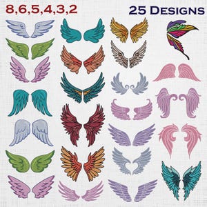 May include: A collection of 25 digital wing designs featuring various shapes, styles, and colors including blue, green, pink, purple, orange, and red. The image includes the text 8, 6, 5, 4, 3, 2 and 25 DESIGNS, showcasing diverse wing illustrations.