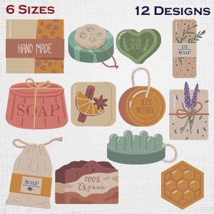 May include: A collection of 12 soap designs in different shapes and colours. The soaps include bars, heart-shaped, and round soaps, some with botanical and natural elements. The text "HAND MADE", "SOAP", "100% NATURAL", and "100% Organic" are visible.