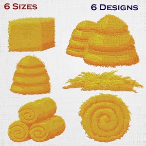 Könnte beinhalten: Illustration mit sechs verschiedenen Heuballen-Designs in Gelb- und Orangetönen. Der Text "6 GRÖSSEN" und "6 DESIGNS" befindet sich oben. Die Designs umfassen einen Würfel, einen Stapel, einen Kegel, einen Haufen, gerollte Ballen und eine Spirale.