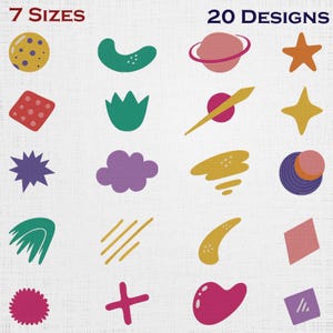 May include: A digital graphic set featuring 20 designs in 7 sizes, including various shapes like a yellow dotted circle, a red square, a purple starburst, a green crescent, a pink planet with rings, a yellow star, and abstract organic forms.