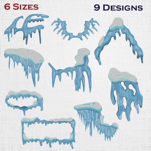 Puede incluir: Nueve diseños de hielo azules y blancos con carámbanos goteando y cimas nevadas. La imagen incluye el texto "6 TAMAÑOS" y "9 DISEÑOS". Estos diseños son probablemente para bordados o proyectos de arte digital.