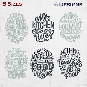 Puede incluir: Seis diseños con citas sobre el tema de la cocina en varias fuentes. Las frases incluyen "Primero comemos, luego hacemos todo lo demás" y "Mi cocina, mis reglas". Los diseños tienen forma circular.