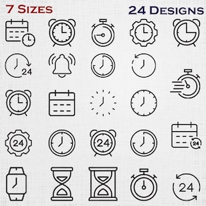 May include: A collection of 24 black line art icons depicting various time-related symbols including clocks, calendars, alarm clocks, hourglasses, and stopwatches. The text 7 SIZES and 24 DESIGNS is printed in the top corners of the image.