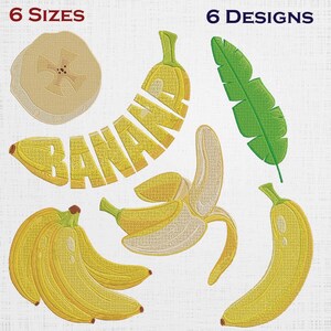 Puede incluir: Diseños de plátanos bordados en amarillo y verde. La imagen muestra seis diseños diferentes, incluyendo una rodaja de plátano, un plátano con la palabra "BANANA" escrita, un plátano pelado, un racimo de plátanos, un plátano individual y una hoja verde. Los textos "6 TAMAÑOS" y "6 DISEÑOS" están en la parte superior.