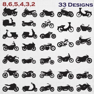 Könnte beinhalten: Eine Sammlung von 33 schwarzen Silhouetten-Symbolen verschiedener Motorräder und Roller, die in einem Raster angeordnet sind. Der Text 8, 6, 5, 4, 3, 2 erscheint in Rot oben links, der Text 33 DESIGNS in Dunkelblau oben rechts.