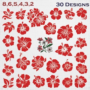 Op de afbeelding: Een verzameling van 30 hibiscusbloemontwerpen in rood, met diverse bloemblad vormen en oriëntaties. Eén centrale groep bevat groene bladeren en kleine roze en witte bloemen. De tekst 8, 6, 5, 4, 3, 2 en 30 DESIGNS is zichtbaar.