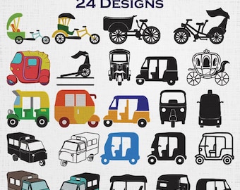 Auto Rikshaw Embroidery Design Bundle - Bicycle Machine Embroidery - Taxi Pattern Embroidery Design - 8 Sizes 24 Designs