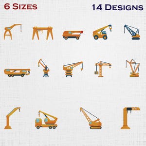 May include: An assortment of 14 crane designs in various styles and configurations. The cranes are primarily orange and blue, with different boom and base designs. The image also displays the text "6 SIZES" and "14 DESIGNS".