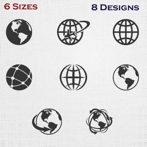 Globe Set Embroidery - Earth Icon Digital Download - 6 Sizes 8 Designs