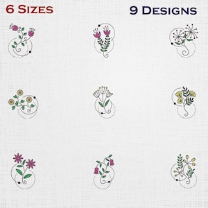 May include: Nine floral designs in various styles, each featuring colorful flowers and green leaves. The designs are enclosed within a dotted circle and are labeled with the text "6 SIZES" and "9 DESIGNS".
