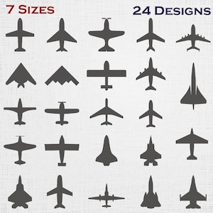 Könnte beinhalten: Eine Sammlung von 24 dunkelgrauen Flugzeugsilhouetten, die in einem Raster auf einem hellgrauen, strukturierten Hintergrund angeordnet sind. Der Text 7 SIZES steht oben links in Rot, 24 DESIGNS oben rechts in Dunkelblau.
