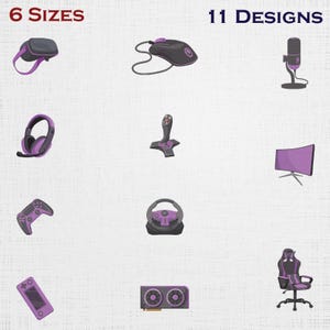 May include: An illustration of various gaming accessories in purple and gray, including a VR headset, mouse, microphone, headphones, joystick, monitor, gamepad, steering wheel, handheld console, graphics card, and gaming chair. The text reads "6 SIZES" and "11 DESIGNS".