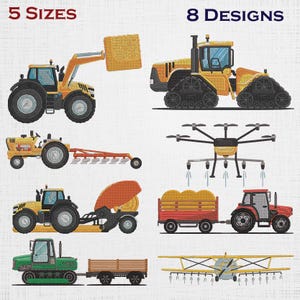 Może przedstawiać: Ilustracja przedstawiająca osiem różnych wzorów pojazdów rolniczych, w tym ciągniki i samolot opryskowy, w kolorach żółtym, zielonym i czerwonym. Widoczny tekst "5 ROZMIARÓW" i "8 WZORÓW". Szczegółowe przedstawienie.