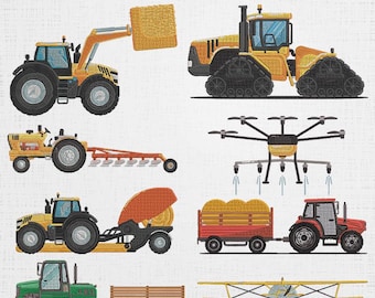 Agriculture Machinery Set Embroidery - Tractor Digital Download - Harvester Machine File - 5 Sizes 8 Designs