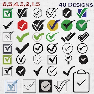Può includere: Una collezione di 40 icone di segni di spunta in vari stili, inclusi quadrati, cerchi, esagoni e scudi. I design presentano colori nero, verde, rosso, blu e giallo, con alcune icone che mostrano segni di spunta all'interno di forme o su una cartellina.