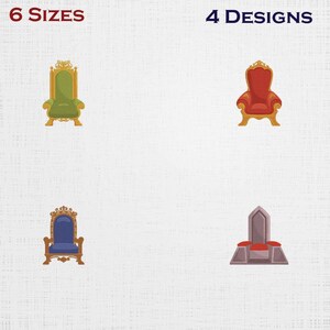 Könnte beinhalten: Ein Bild mit vier Thron-Designs in verschiedenen Farben: Grün, Rot, Blau und Grau. Der Text oben lautet "6 GRÖSSEN" und "4 DESIGNS". Jeder Thron hat einen einzigartigen Stil mit aufwendigen Details und unterschiedlichen Rückenhöhen.