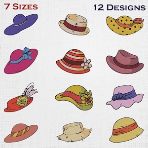 May include: A digital illustration featuring 12 distinct hat designs with the text 7 SIZES and 12 DESIGNS. The collection includes various styles such as wide-brimmed, fedora, and sun hats in colors like purple, pink, red, yellow, and tan.