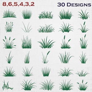 Peut inclure: Une collection de 30 illustrations d'herbe verte disposées en grille. L'ensemble comprend divers touffes de brins, certaines avec des épis, et du texte en haut indiquant 8, 6, 5, 4, 3, 2 et 30 DESIGNS sur un fond clair texturé.