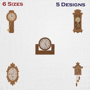 Könnte beinhalten: Das Bild zeigt fünf verschiedene Holzuhren-Designs. Die Uhren variieren in Form und Stil, darunter eine Pendeluhr, eine Tischuhr und eine ovale Wanduhr. Der Text "6 GRÖSSEN" und "5 DESIGNS" ist oben im Bild zu sehen.