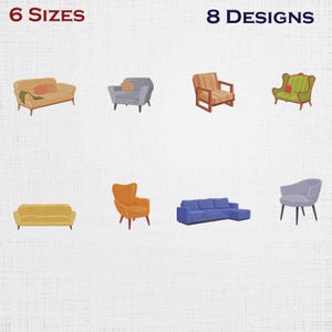 May include: An image displaying eight furniture designs, including sofas and armchairs, in various colours and styles. The text "6 SIZES" and "8 DESIGNS" are displayed at the top of the image.