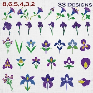May include: A collection of 33 graphic designs featuring various purple and blue iris flowers, buds, and leaves arranged in a grid. The text 8, 6, 5, 4, 3, 2 and 33 DESIGNS appears at the top. The illustrations use flat colors on a light background.