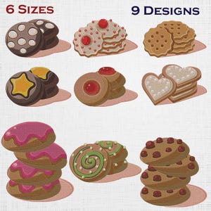 May include: An assortment of nine different cookie designs, each with unique decorations and colors. The cookies are arranged in stacks and pairs, with details like sprinkles, icing, and fruit toppings. The text "6 SIZES" and "9 DESIGNS" are displayed at the top.