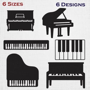 May include: Black and white illustrations of pianos and piano keyboards. The image includes six different designs of pianos and keyboards, with the text "6 Sizes" and "6 Designs" at the top.