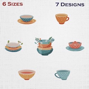 May include: An illustration of various ceramic bowls, cups, and plates in different colors and designs. The image shows a variety of tableware, including bowls with polka dots, cups with handles, and plates. The text "6 SIZES" and "7 DESIGNS" is visible.