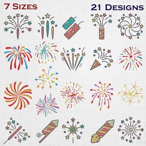 Peut inclure: Une collection numérique de 21 motifs de feux d'artifice en 7 tailles, présentant diverses illustrations au trait colorées de feux d'artifice explosifs, de fusées et de cierges magiques avec des étoiles, étiquetée avec le texte 7 SIZES et 21 DESIGNS.