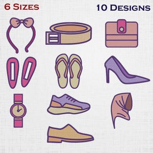 May include: An illustration featuring various fashion accessories. Included are a headband, belt, wallet, hair clips, flip-flops, high heels, a watch, sneakers, a shoe, and a head covering. The text indicates "6 Sizes" and "10 Designs".