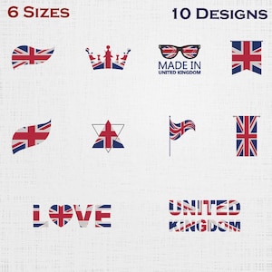 May include: A collection of 10 designs featuring the Union Jack, the national flag of the United Kingdom. Designs include flags, a crown, sunglasses, and text that reads "MADE IN UNITED KINGDOM" and "LOVE". The image also states "6 SIZES" and "10 DESIGNS".