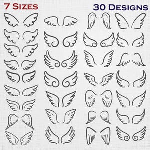 Puede incluir: Una colección digital de 30 diseños de alas en arte lineal negro dispuestos en una cuadrícula. El texto 7 SIZES y 30 DESIGNS aparece en la parte superior. Cada par de alas presenta una forma única, desde líneas curvas simples hasta plumas.