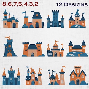 May include: A collection of 12 digital illustrations featuring various castle designs in shades of blue and orange. The text 8, 6, 7, 5, 4, 3, 2 and 12 DESIGNS is visible at the top. Each castle has unique architectural details like towers, flags, and arched doorways.