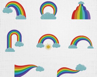 Rainbow Set Embroidery - Funky Rainbow Digital Download - Clouds Machine File - 6 Sizes 8 Designs