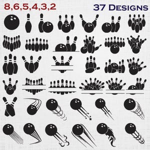 Op de afbeelding: Een verzameling van 37 zwarte silhouetontwerpen met bowlingballen en kegels in diverse opstellingen, inclusief bewegingssporen, gesplitste lay-outs en groeperingen. De tekst 8, 6, 5, 4, 3, 2 en 37 DESIGNS is gedrukt in rood en donkerblauw.