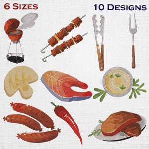 Puede incluir: Una ilustración con varios diseños temáticos de barbacoa. Incluye una parrilla roja, brochetas con carne, pinzas, un tenedor, una seta, un filete de salmón, un cuenco de salsa, salchichas, un pimiento rojo y un bistec en un plato. El texto dice "6 TAMAÑOS" y "10 DISEÑOS".