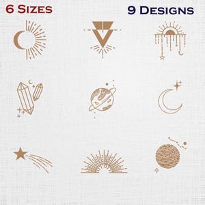 May include: An image featuring nine celestial designs in a warm brown hue. The designs include suns, moons, stars, planets, and crystals. The text "6 SIZES" and "9 DESIGNS" are displayed at the top of the image.