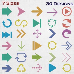 Puede incluir: Una colección digital de 30 diseños de flechas en 7 tamaños, con varias formas que incluyen flechas rectas, curvas, circulares, punteadas y triangulares en múltiples colores como verde azulado, rosa, amarillo, azul, morado y verde sobre un fondo texturizado.