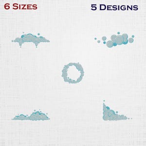 May include: An image showcasing five different designs in a light blue color. The text at the top reads "6 SIZES" and "5 DESIGNS". The designs include cloud-like shapes and circular patterns, all against a white background.