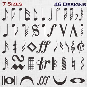 May include: A collection of 46 black musical notation symbols and signs arranged in rows on a light textured background. The text 7 SIZES and 46 DESIGNS appears at the top. The set includes various notes, rests, clefs, and dynamic markings.