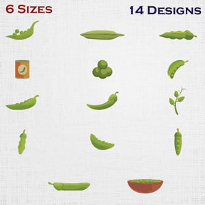Puede incluir: Ilustración con 14 diseños de guisantes verdes en varias formas, incluyendo vainas, guisantes desgranados y una lata de guisantes. El texto "6 TAMAÑOS" y "14 DISEÑOS" se muestra en la parte superior. Los diseños están sobre un fondo blanco.