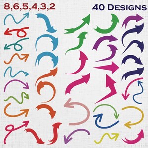 Puede incluir: Una colección de 40 flechas gráficas coloridas en varias formas, curvas y direcciones, incluyendo tonos rojos, azules, verdes, morados, naranjas, rosas y amarillos. El texto 8, 6, 5, 4, 3, 2 y 40 DESIGNS está impreso en rojo y azul oscuro.