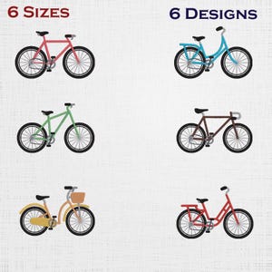 Puede incluir: Imagen que muestra seis diseños de bicicletas diferentes en varios colores, incluyendo rosa, azul, verde, marrón, amarillo y rojo. Los textos "6 TALLAS" y "6 DISEÑOS" se muestran en la parte superior. Cada bicicleta tiene neumáticos negros y un asiento negro.
