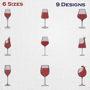 May include: Nine different designs of wine glasses filled with red wine are displayed. The image includes the text "6 SIZES" and "9 DESIGNS". The wine glasses have a variety of shapes and styles, with some showing wine splashing out.