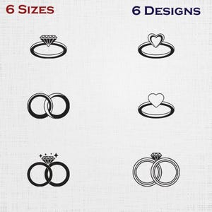 Könnte beinhalten: Schwarz-Weiß-Illustrationen von sechs verschiedenen Ringdesigns. Die Ringe umfassen einen Diamanten, ein Herz und ineinandergreifende Bänder. Der Text oben lautet "6 GRÖSSEN" und "6 DESIGNS".
