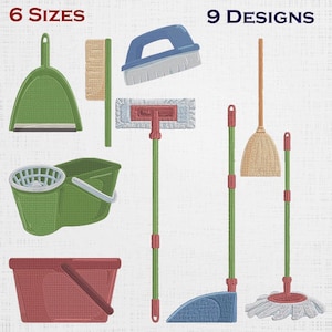May include: An illustration of various cleaning tools, including a green dustpan, a scrub brush, a blue scrub brush, a mop, a broom, a bucket, and a red bucket. The image includes the text "6 SIZES" and "9 DESIGNS".