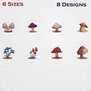 May include: An image showcasing eight different mushroom designs in various colors and styles. The text "6 SIZES" and "8 DESIGNS" are displayed at the top. The mushrooms range from brown and beige to red and purple, each with unique cap and stem details.