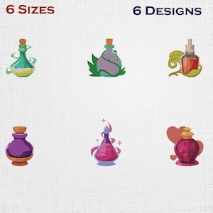 Op de afbeelding: Een afbeelding met zes verschillende ontwerpen van toverdrankflessen. De flessen zijn in verschillende kleuren, waaronder groen, paars en rood, met kurken. De tekst "6 MATEN" en "6 ONTWERPEN" staat bovenaan de afbeelding.