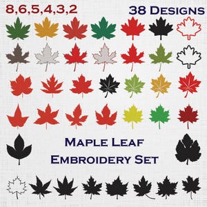 Puede incluir: Una colección digital de 38 diseños de hojas de arce para bordado, con diversas formas y colores que incluyen rojo, verde, amarillo, negro y contornos blancos. El texto 8, 6, 5, 4, 3, 2, 38 DESIGNS y MAPLE LEAF EMBROIDERY SET es visible.